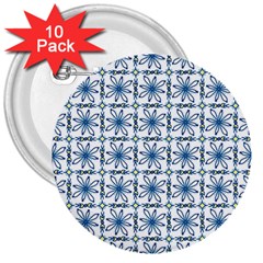 Azulejo Style Blue Tiles 3  Buttons (10 Pack)  by MintanArt