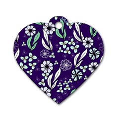 Floral Blue Pattern  Dog Tag Heart (two Sides) by MintanArt