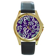 Floral Blue Pattern  Round Gold Metal Watch by MintanArt
