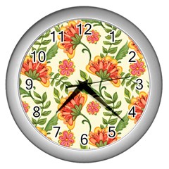 Orange Flowers Wall Clock (Silver)