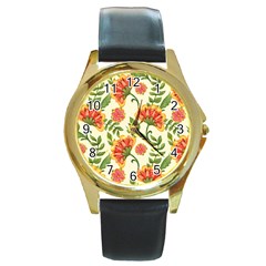 Orange Flowers Round Gold Metal Watch