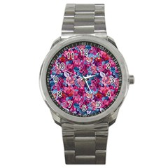 Pink Blue Flowers Sport Metal Watch by designsbymallika