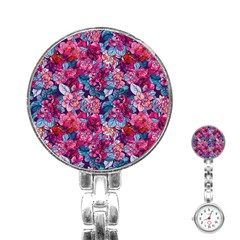 Pink Blue Flowers Stainless Steel Nurses Watch by designsbymallika