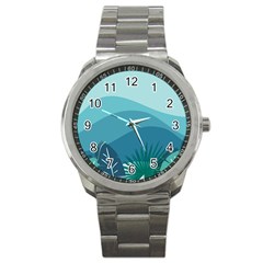 Illustration Of Palm Leaves Waves Mountain Hills Sport Metal Watch by HermanTelo
