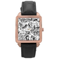 Black And White Graffiti Abstract Collage Rose Gold Leather Watch  by dflcprintsclothing