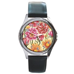 Retro Flowers Round Metal Watch by goljakoff