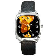Yellow Poppies Square Metal Watch by Audy