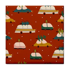 Cute Merry Christmas And Happy New Seamless Pattern With Cars Carrying Christmas Trees Tile Coaster