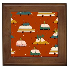 Cute Merry Christmas And Happy New Seamless Pattern With Cars Carrying Christmas Trees Framed Tile by EvgeniiaBychkova