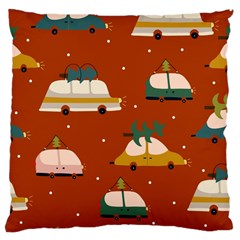 Cute Merry Christmas And Happy New Seamless Pattern With Cars Carrying Christmas Trees Large Cushion Case (one Side) by EvgeniiaBychkova