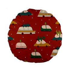 Cute Merry Christmas And Happy New Seamless Pattern With Cars Carrying Christmas Trees Standard 15  Premium Flano Round Cushions