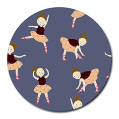 Cute  Pattern With  Dancing Ballerinas On The Blue Background Round Mousepads by EvgeniiaBychkova