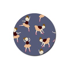 Cute  Pattern With  Dancing Ballerinas On The Blue Background Rubber Round Coaster (4 pack) 