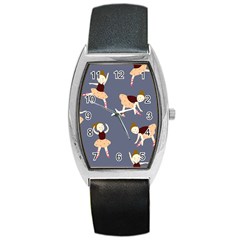 Cute  Pattern With  Dancing Ballerinas On The Blue Background Barrel Style Metal Watch by EvgeniiaBychkova