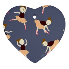 Cute  Pattern With  Dancing Ballerinas On The Blue Background Heart Ornament (two Sides) by EvgeniiaBychkova