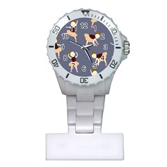 Cute  Pattern With  Dancing Ballerinas On The Blue Background Plastic Nurses Watch