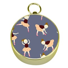 Cute  Pattern With  Dancing Ballerinas On The Blue Background Gold Compasses