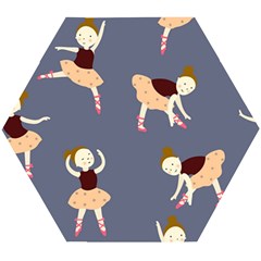 Cute  Pattern With  Dancing Ballerinas On The Blue Background Wooden Puzzle Hexagon by EvgeniiaBychkova