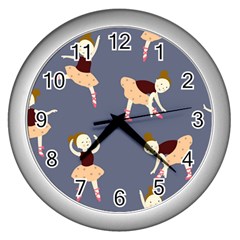 Cute  Pattern With  Dancing Ballerinas On The Blue Background Wall Clock (silver) by EvgeniiaBychkova