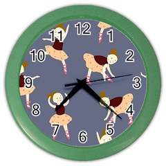 Cute  Pattern With  Dancing Ballerinas On The Blue Background Color Wall Clock by EvgeniiaBychkova