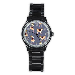 Cute  Pattern With  Dancing Ballerinas On The Blue Background Stainless Steel Round Watch by EvgeniiaBychkova