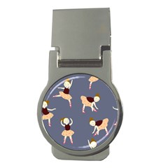 Cute  Pattern With  Dancing Ballerinas On The Blue Background Money Clips (round)  by EvgeniiaBychkova