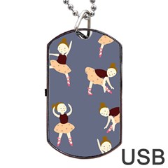 Cute  Pattern With  Dancing Ballerinas On The Blue Background Dog Tag Usb Flash (one Side) by EvgeniiaBychkova