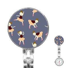 Cute  Pattern With  Dancing Ballerinas On The Blue Background Stainless Steel Nurses Watch by EvgeniiaBychkova