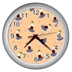 Cute  Pattern With  Dancing Ballerinas On Pink Background Wall Clock (silver) by EvgeniiaBychkova