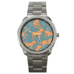 Vector Seamless Pattern With Cute Orange And  Cheetahs On The Blue Background  Tropical Animals Sport Metal Watch by EvgeniiaBychkova