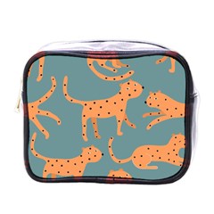 Vector Seamless Pattern With Cute Orange And  Cheetahs On The Blue Background  Tropical Animals Mini Toiletries Bag (one Side) by EvgeniiaBychkova