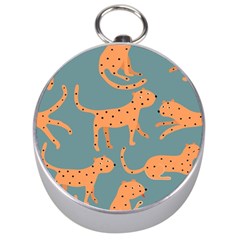 Vector Seamless Pattern With Cute Orange And  Cheetahs On The Blue Background  Tropical Animals Silver Compasses by EvgeniiaBychkova