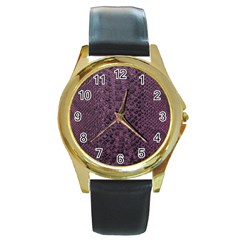 Purple Leather Snakeskin Design Round Gold Metal Watch by ArtsyWishy