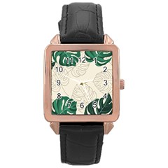 Green Monstera Leaf Illustrations Rose Gold Leather Watch 