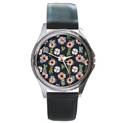 Flower White Grey Pattern Floral Round Metal Watch