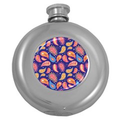 Blue Paisley Print 2 Round Hip Flask (5 Oz) by designsbymallika