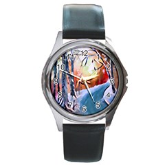 Paysage D hiver Round Metal Watch by sfbijiart