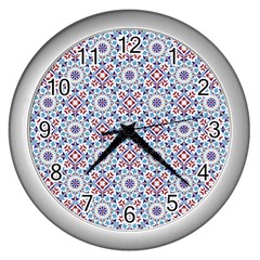 Blue Tile Pattern Wall Clock (Silver)