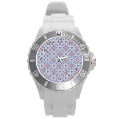 Blue Tile Pattern Round Plastic Sport Watch (l)