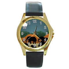 Elephant Family Illustration Round Gold Metal Watch by dflcprintsclothing