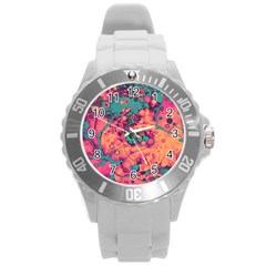 Orange And Turquoise Alcohol Ink  Round Plastic Sport Watch (l) by Dazzleway