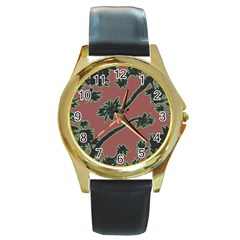 Tropical Style Floral Motif Print Pattern Round Gold Metal Watch by dflcprintsclothing