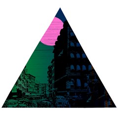 Vaporwave Old Moon Over Nyc Wooden Puzzle Triangle