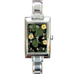 Tropical Vintage Yellow Hibiscus Floral Green Leaves Seamless Pattern Black Background  Rectangle Italian Charm Watch by Sobalvarro