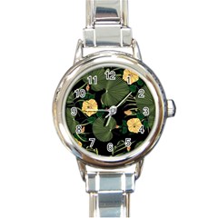 Tropical vintage yellow hibiscus floral green leaves seamless pattern black background. Round Italian Charm Watch