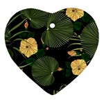 Tropical vintage yellow hibiscus floral green leaves seamless pattern black background. Ornament (Heart) Front