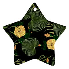 Tropical vintage yellow hibiscus floral green leaves seamless pattern black background. Ornament (Star)