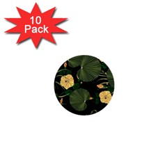 Tropical vintage yellow hibiscus floral green leaves seamless pattern black background. 1  Mini Buttons (10 pack) 