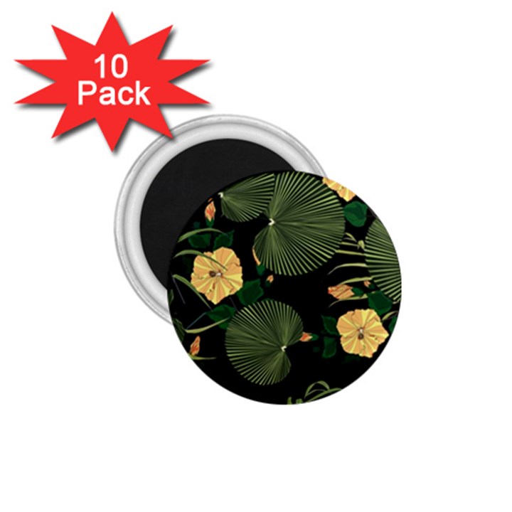 Tropical vintage yellow hibiscus floral green leaves seamless pattern black background. 1.75  Magnets (10 pack) 