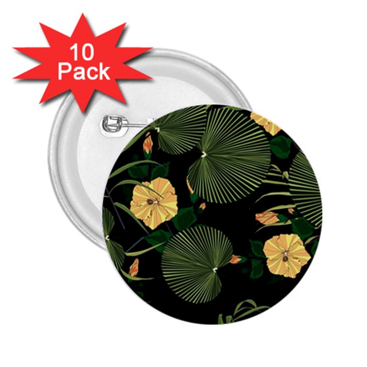 Tropical vintage yellow hibiscus floral green leaves seamless pattern black background. 2.25  Buttons (10 pack) 